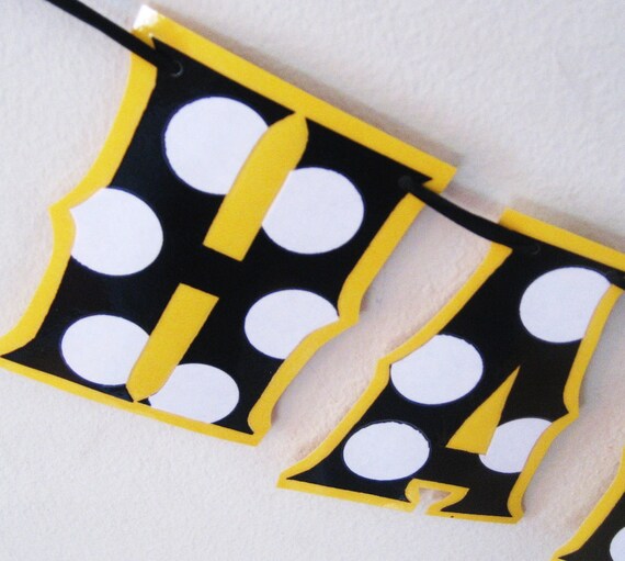 HaPPY BiRTHDAY Banner - BlACK and WHiTE POlKA DOtS on a Mellow Yellow Il_570xn