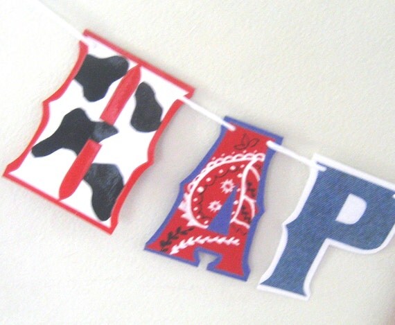 Cowboy or Cowgirl HAPPY BiRTHDAY Banner -Red Paisley, Denim, and Black Cow Print Il_570xn