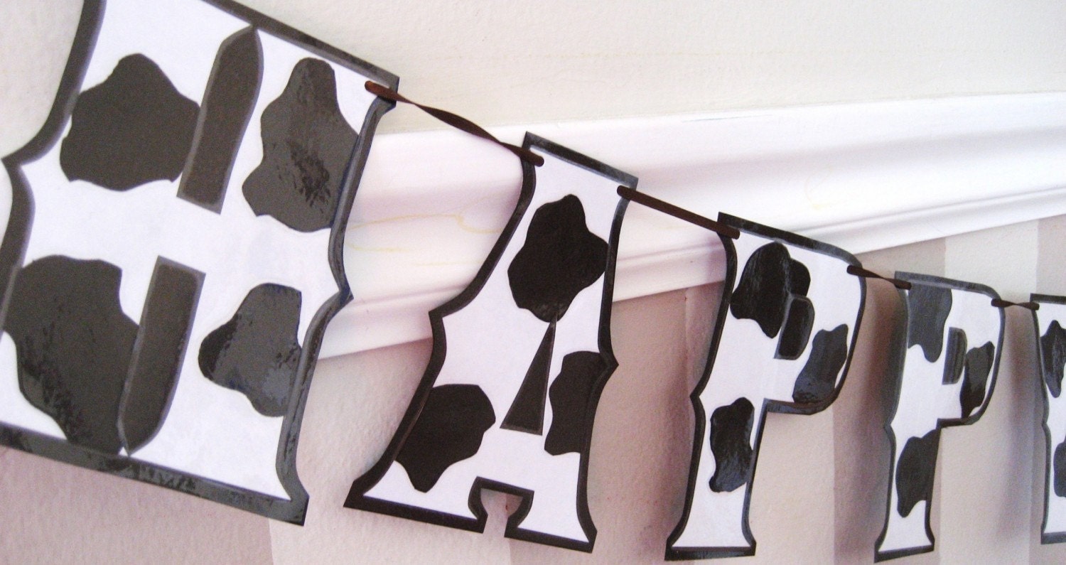 Cowboy Cowgirl HAPPY BiRTHDAY Banner - black and white COW PRiNT