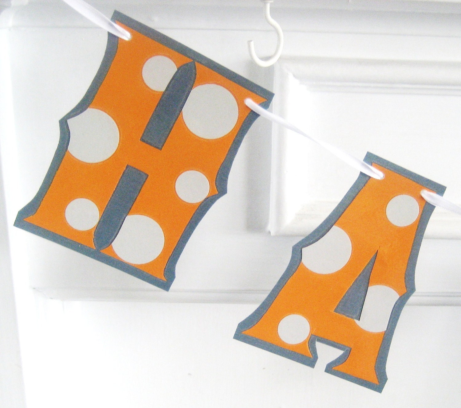 HAPPY BiRTHDAY Banner - Orange and Grey with Grey Polka Dots