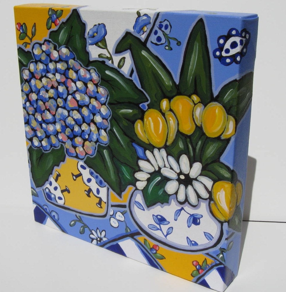 Original Hydrangea painting, acrylic, Country French, shabby chic, gardnening, beach decor, yellow, daisies, tulips, canvas