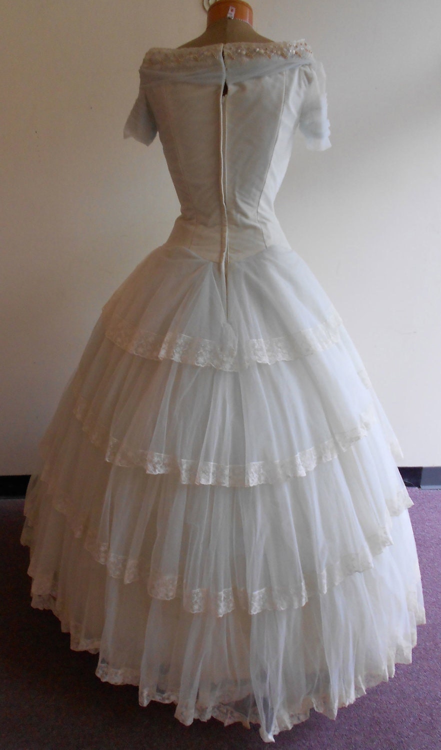 1950's, 32" bust, baby blue and white, pleated and lace edged wedding gown