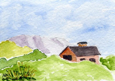 ACEO Original Watercolor Hillside Barn