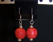 SALE - Chinese Red Lantern Earrings Wood Carving Earrings