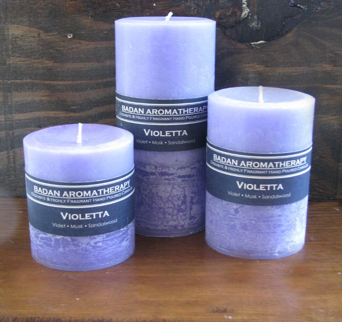 Violet Candle Set of 3: Fragrant Purple Violet & Sandalwood Pillar Candles -  Gift Set - Ready to Ship