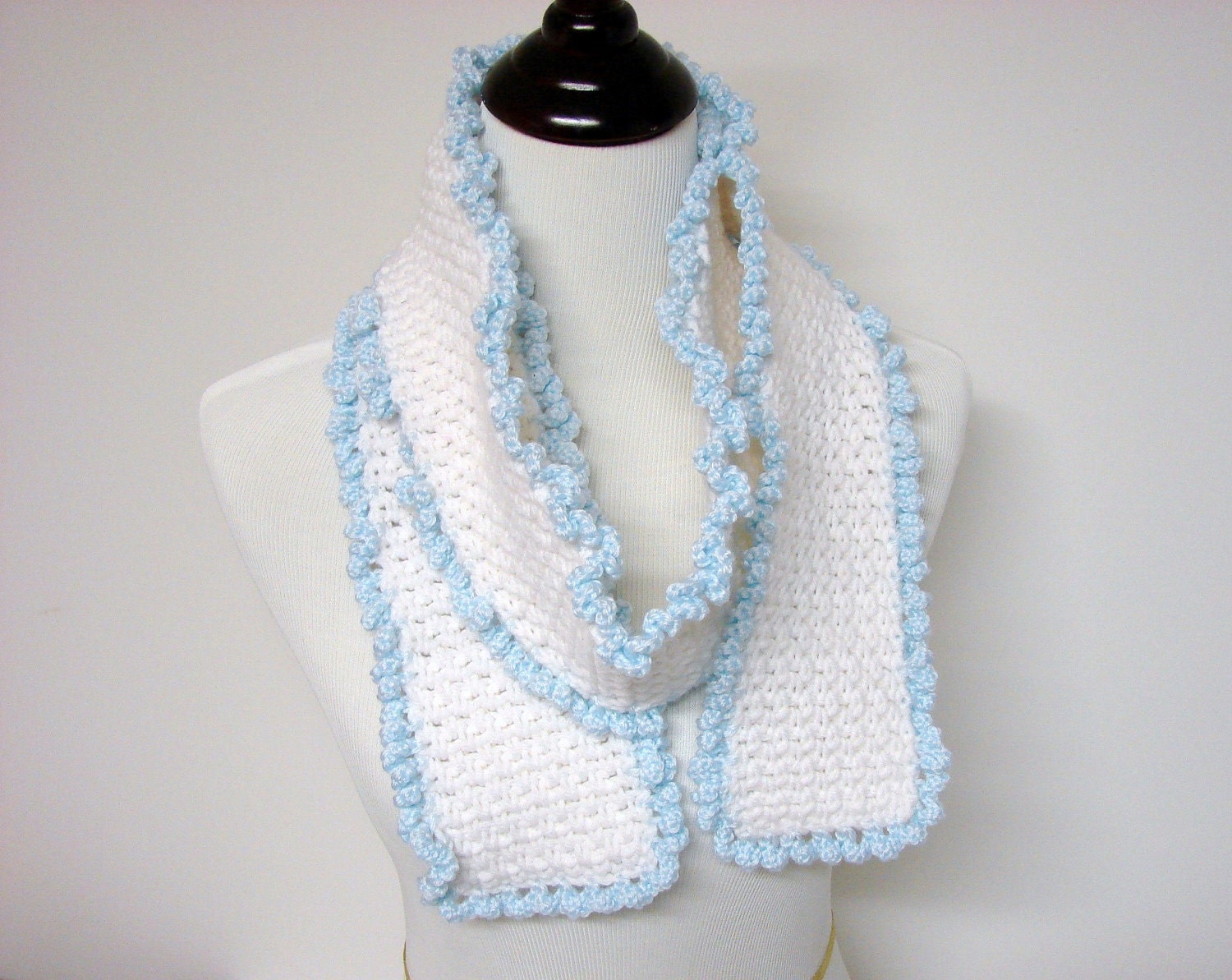 White Ruffle Crochet Scarf Light Blue Frilly Womens Ivory Fashion Long Neck Warmer 4 Inches Wide READY TO SHIP Autumn Fall Fashion