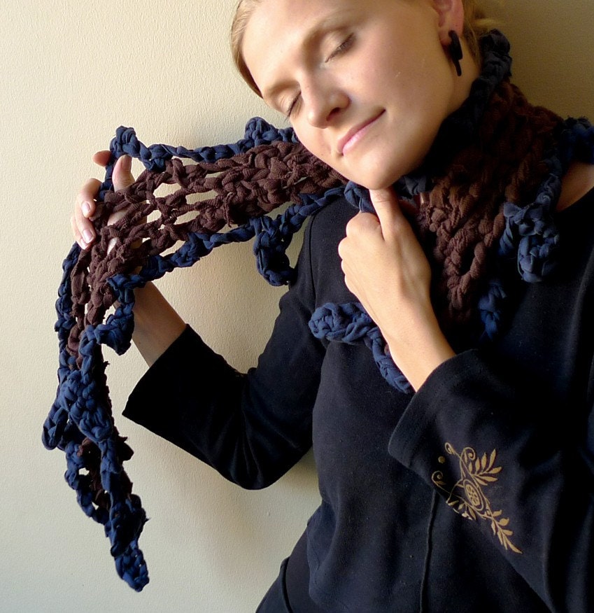Chunky Scarf - crochet without a hook, brown and blue upcycled cotton ...