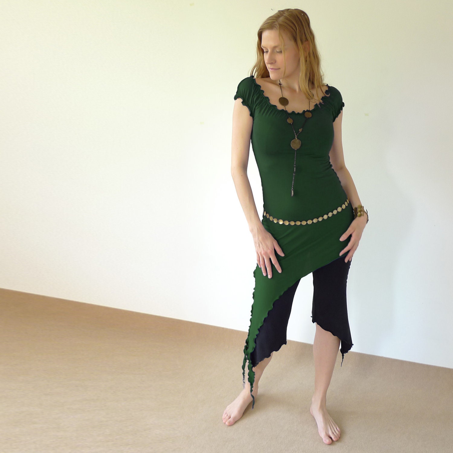 Serene - long asymmetrical jersey dress with a side slit, forest green or pick your color, size M-L