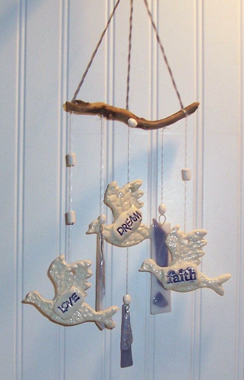 White Clay Doves And Blue Glass Wind Chimes By Laurelarts