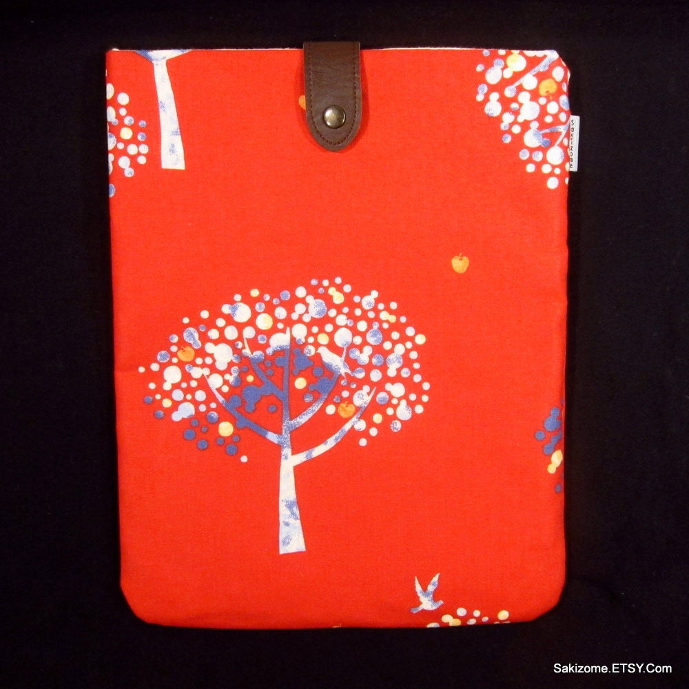 iPad Padded Sleeve Case with Japanese Button Tab - Trees (red)