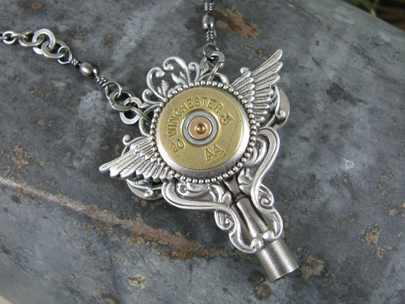 Shotgun Casing Jewelry - Winchester 20 Gauge Steampunk Styled Winged Skeleton Key Necklace