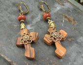 Upcycled Jewelry - Vintage Olive Wood Cross Southwestern Style Rusty Beaded Leverback Earrings