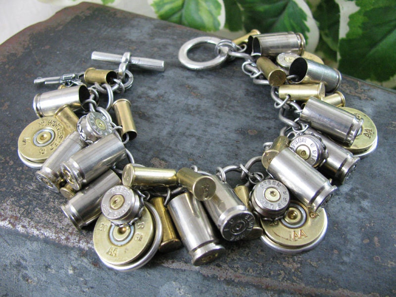 Shotgun and Bullet Casing Jewelry - Mixed Nickel & Brass Bullet and Shotgun Casing Loaded Charm Bracelet