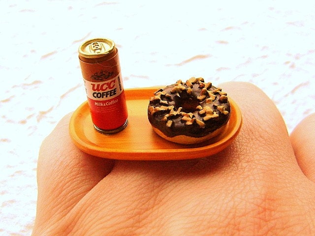 Coffee Ring Miniature Food Jewelry Canned Coffee And A Chocolate Donut Gifts Under 10