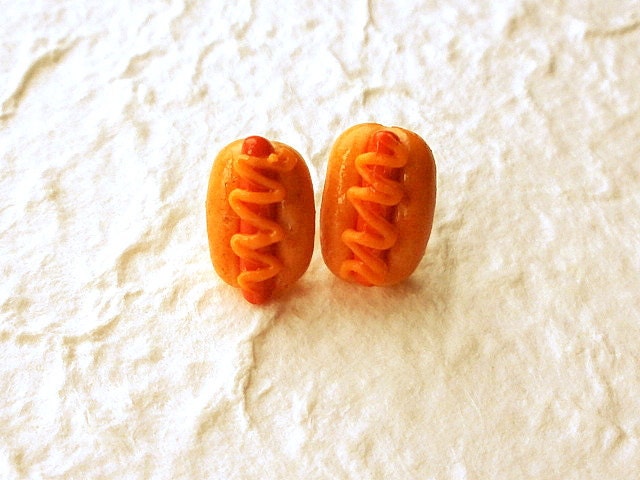Hot Dog Mustard Stud Earrings Food Jewelry Miniature
