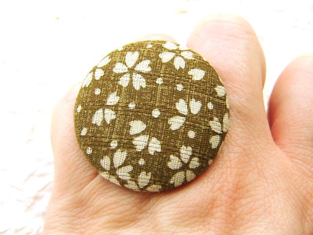 Japanese Fabric Button Ring Cherry Blossoms Sakura Green