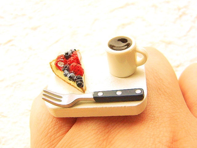 Coffee Ring  Miniature Food Jewelry Berry Pie And Coffee