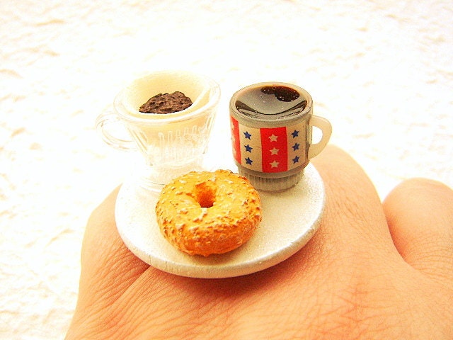 Miniature Food Ring Bagel Coffee Cute Food Jewelry