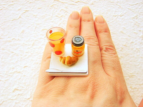Cute Food Ring Breakfast Orange Juice Croissant Miniature Food Jewelry