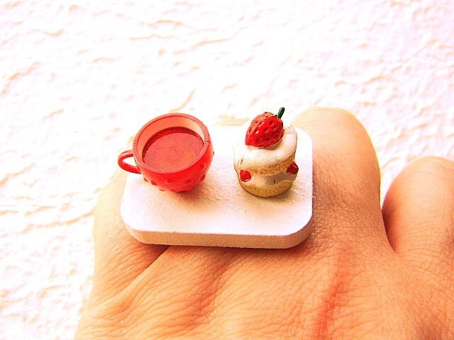 Tea Ring Cute Miniature Food Jewelry Tea and Strawberry Cake Ring
