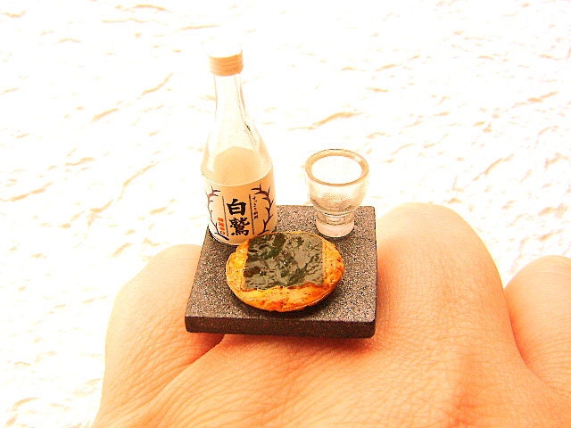Japanese Food Ring Miniature Food Jewelry Sake And Senbei Crackers SALE