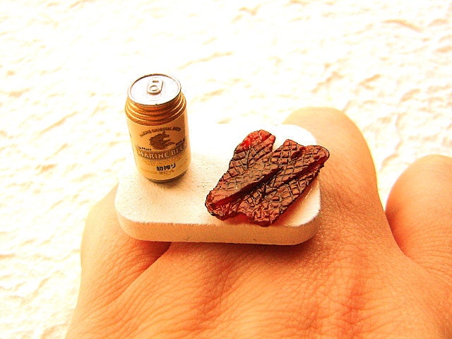 Japanese Beer Ring Miniature Food Jewelry Beer Beef Jerky
