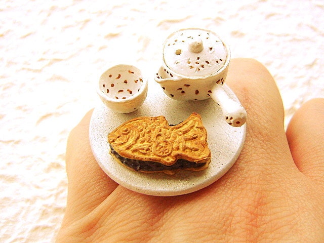 Traditional Japanese Food Ring  Green Tea Taiyaki Miniature Food Jewelry