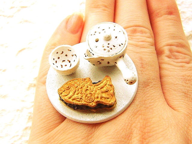Traditional Japanese Food Ring  Green Tea Taiyaki Miniature Food Jewelry