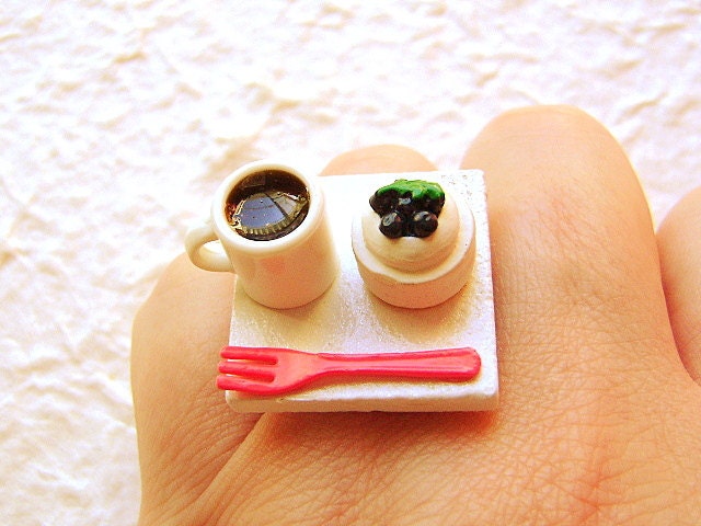 Coffee Ring Miniature Food Jewelry Coffee And Blueberry Cheesecake