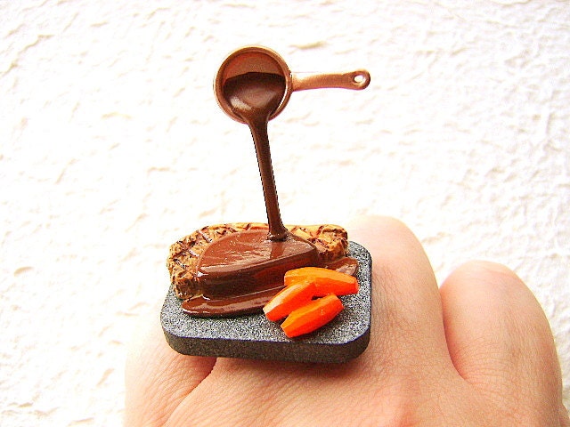 Kawaii Floating Ring Steak With Veggies And Sauce Miniature Food Jewelry