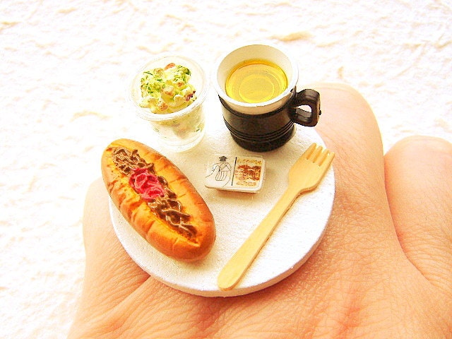 Kawaii Food Ring Lunch At The Office Green Tea Salad Bun Miniature Food Jewelry