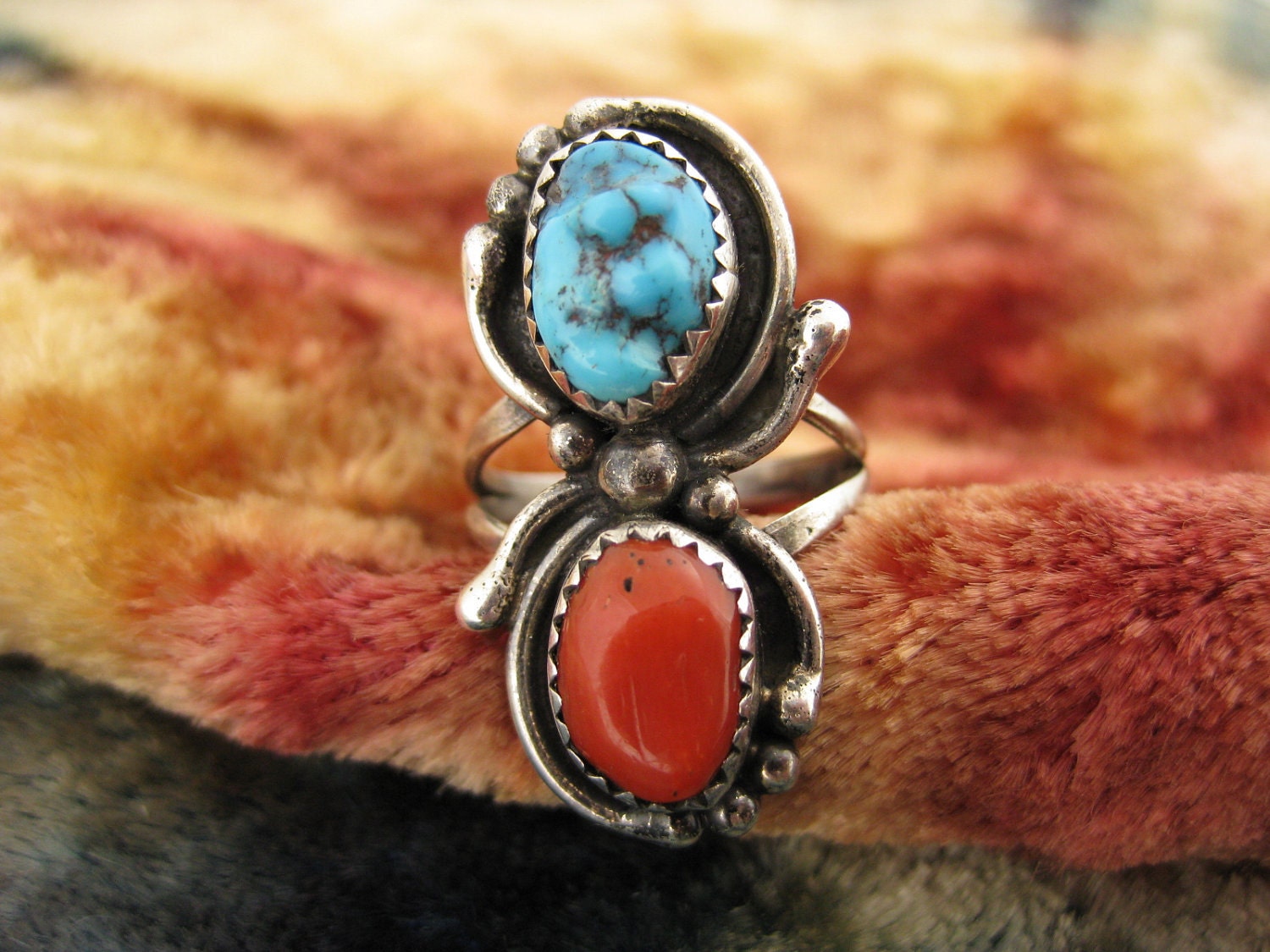 Ring - Size 7 1/2 - Sterling Silver - Turquoise Ring - Red Coral Jewelry - Blue And Red Stones - Multi Stone Ring