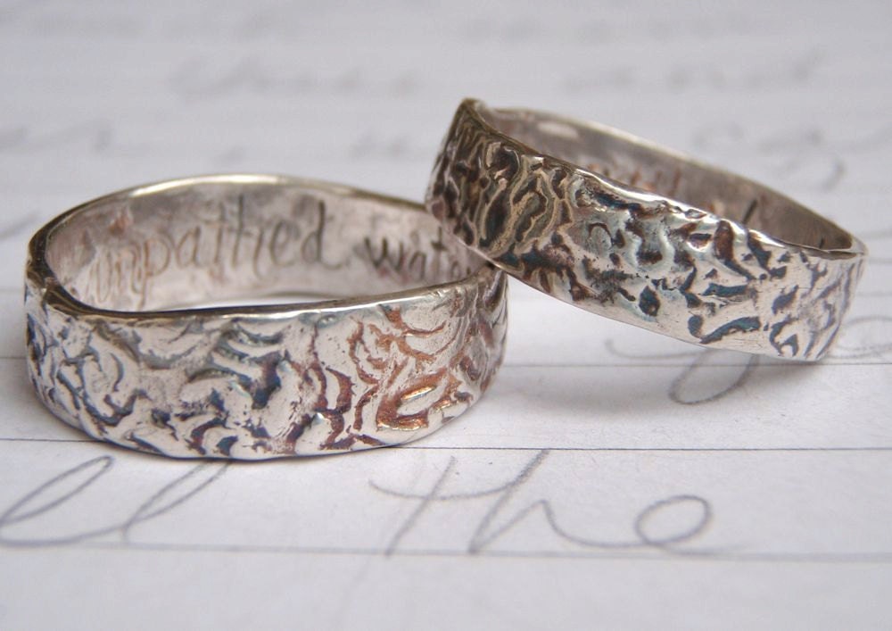 shakespeare quote wedding band ring set . to unpathed waters undreamed shores . recycled silver band set . tree bark rings