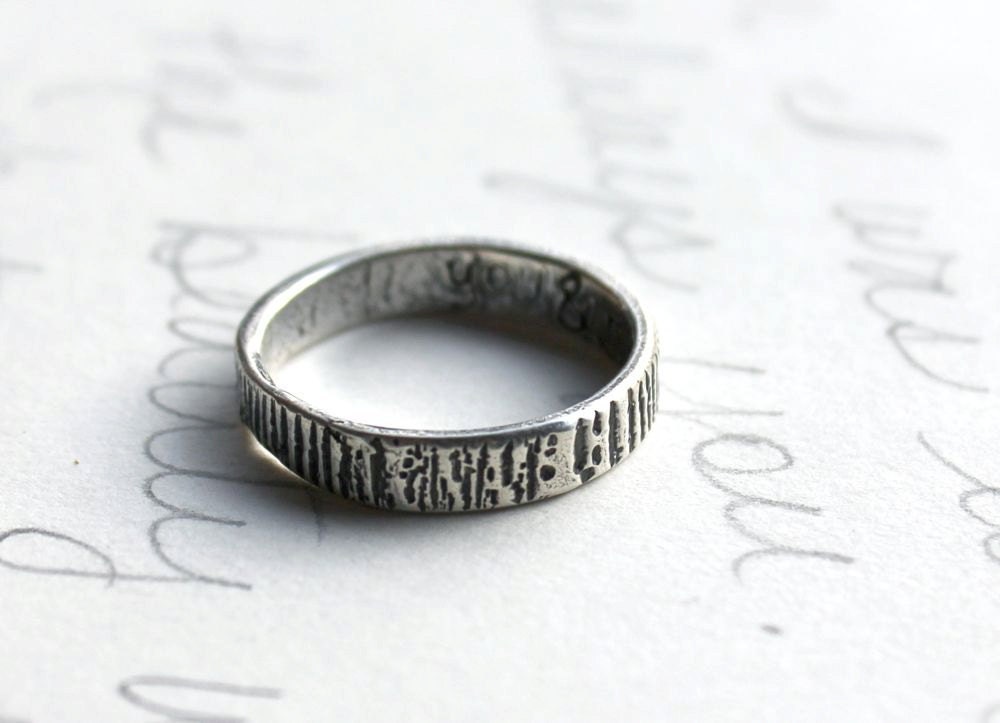 thin woodgrain wedding band ring . engraved recycled silver ring . bark ring with personalized inner message . free shipping