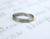 purity ring . true love will wait ring . vine textured silver skinny band . thin stacking . custom size personalized ring by peacesofindigo