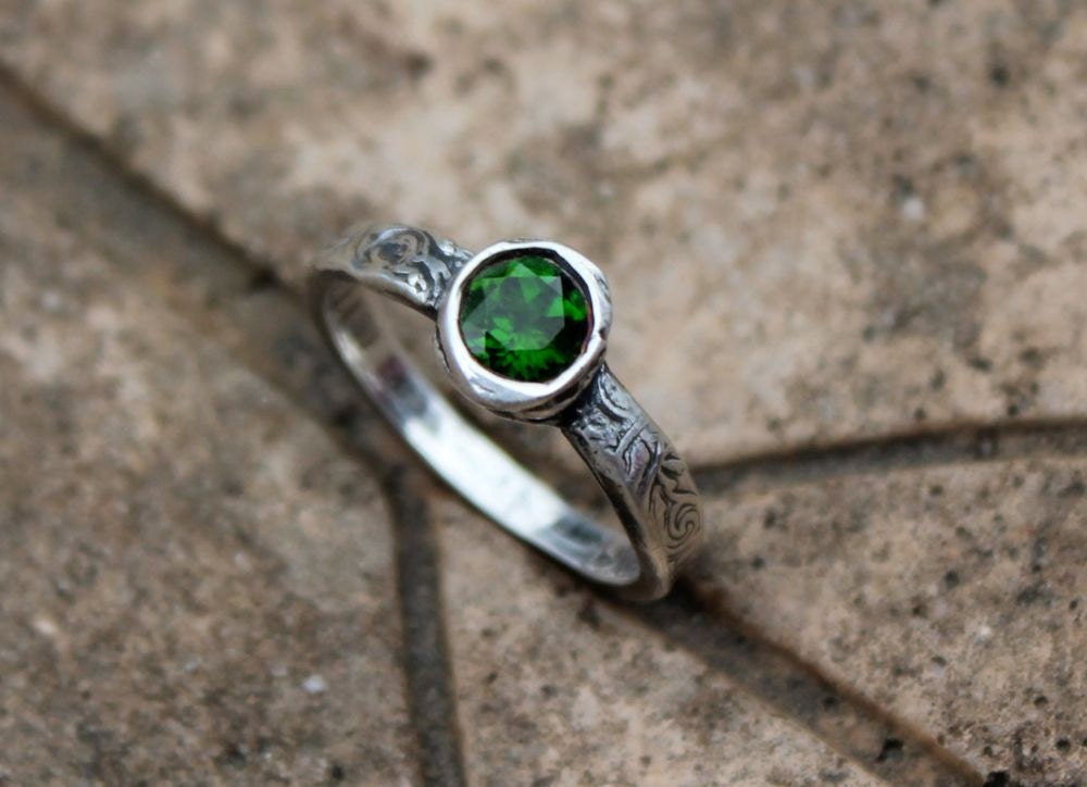 emerald green chrome diopside engagement ring . ethical fair trade gemstone engagement ring . rustic recycled silver gemstone ring
