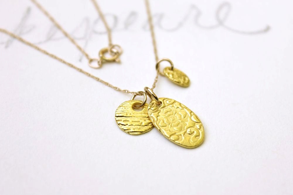 22k recycled yellow gold rustic three charm necklace . luxury tudor rose talisman necklace . ethical high fashion mothers jewelry