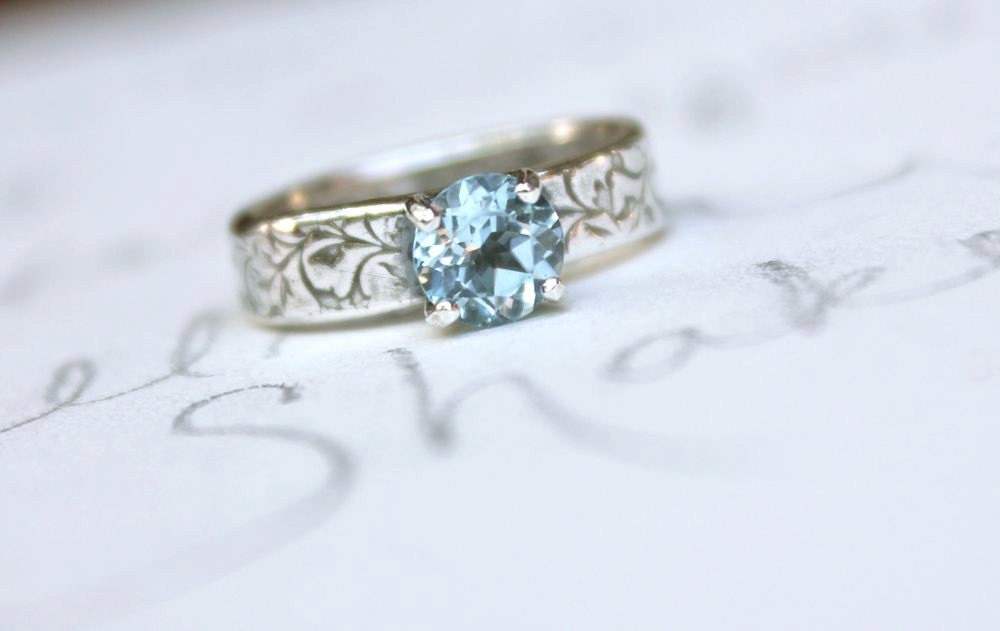 aquamarine engagement ring . recycled silver as you wish vine ring . custom engraved secret message