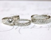white topaz engagement and wedding ring set . set of three matching vine rings . recycled silver engraved quote rings by peacesofindigo