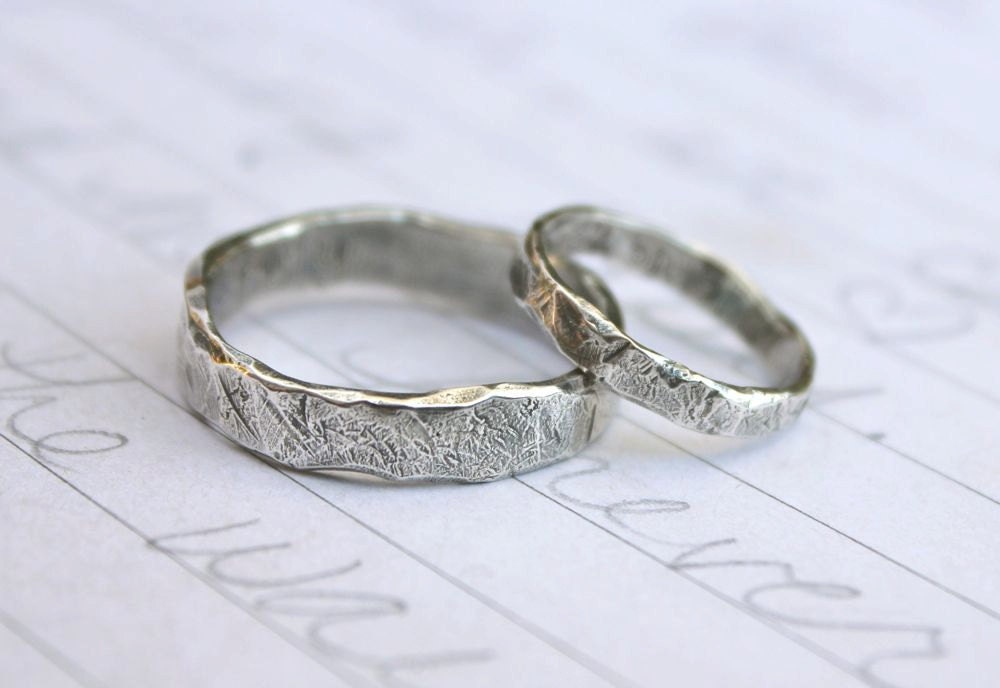 recycled silver wedding band ring set . custom rustic wedding rings ...