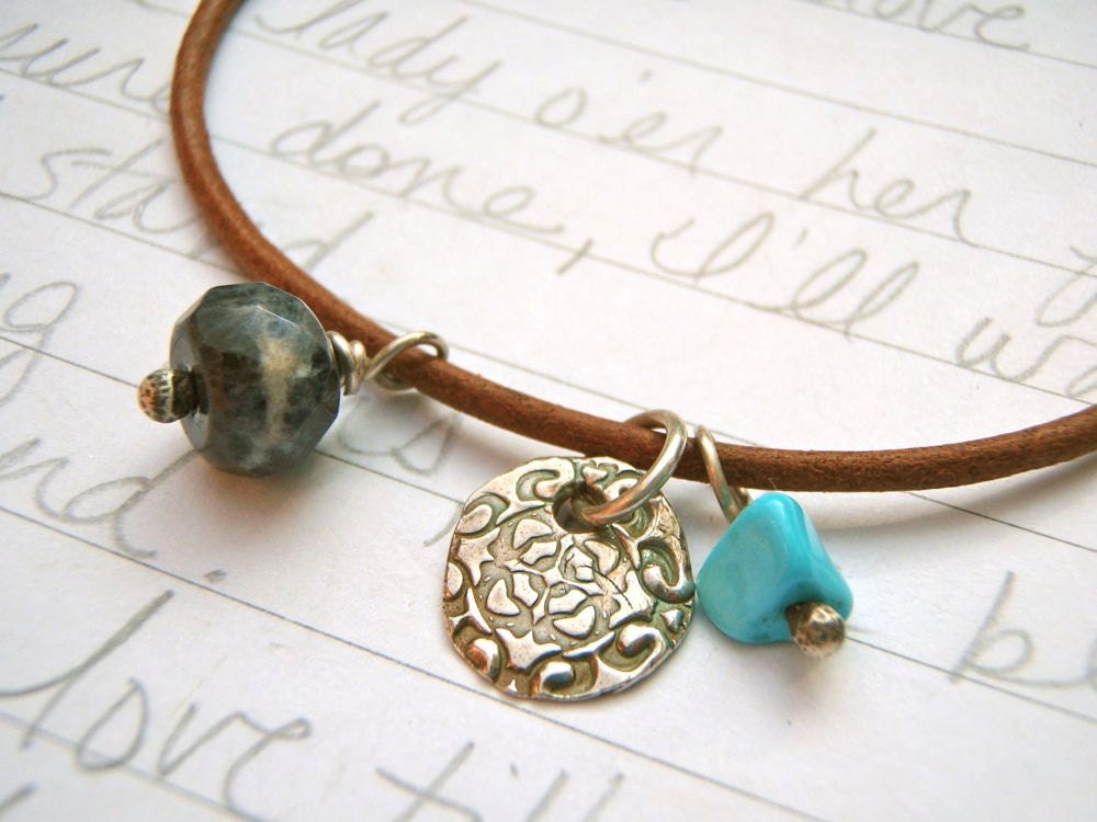 leather charm bracelet with gemstones . eco fashion silver charm bracelet by peacesofindigo . ready to ship free shipping