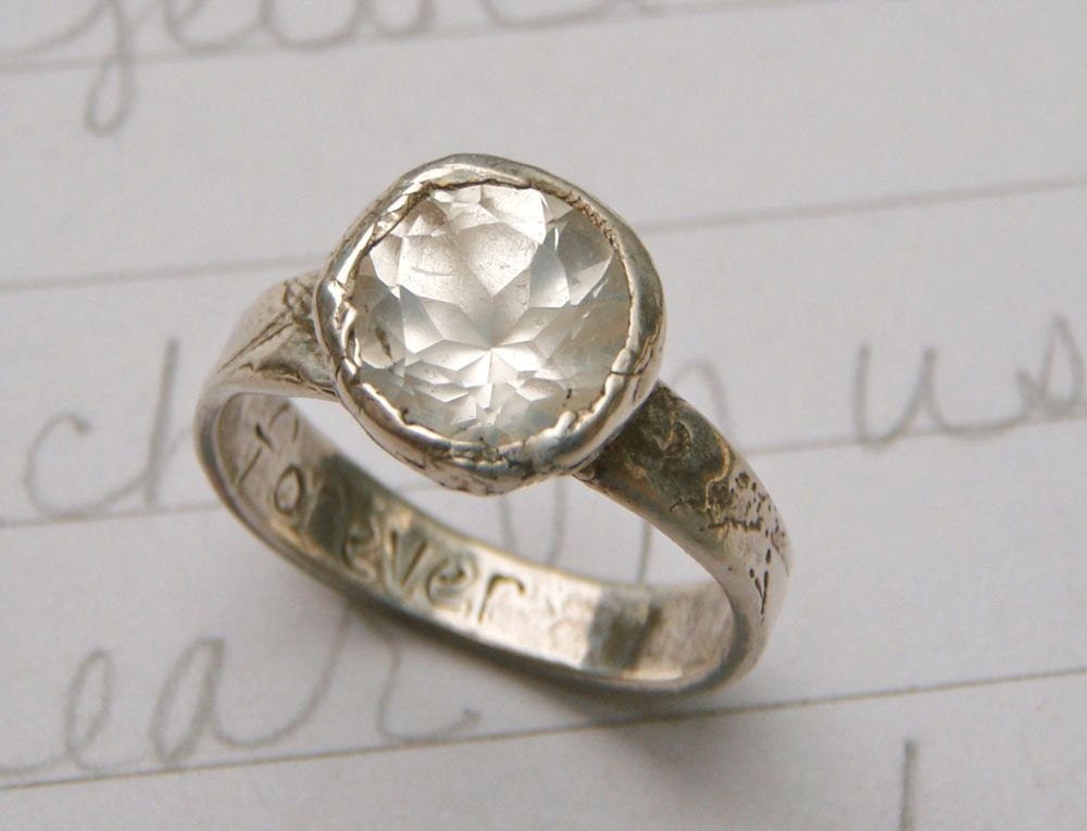 2 carat Herkimer diamond and recycled silver engagement ring .  textured band . forever inscription