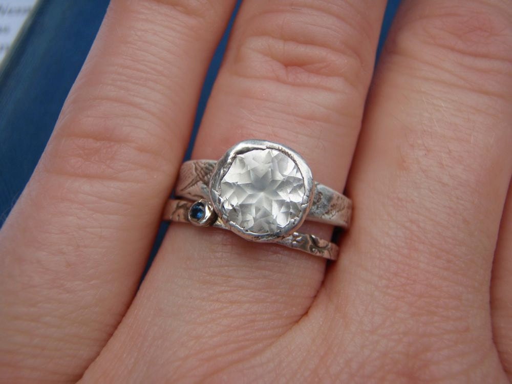 2 carat Herkimer diamond and recycled silver engagement ring .  textured band . forever inscription