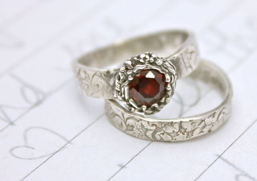 halo garnet engagement ring wedding ring band set. wuthering heights quote engraved wedding and engagement ring set . unique engagement ring