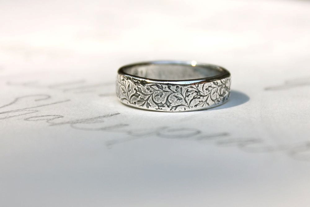 recycled silver wedding ring . engraved vine band . simple rustic wedding band . words inside by peacesofindigo