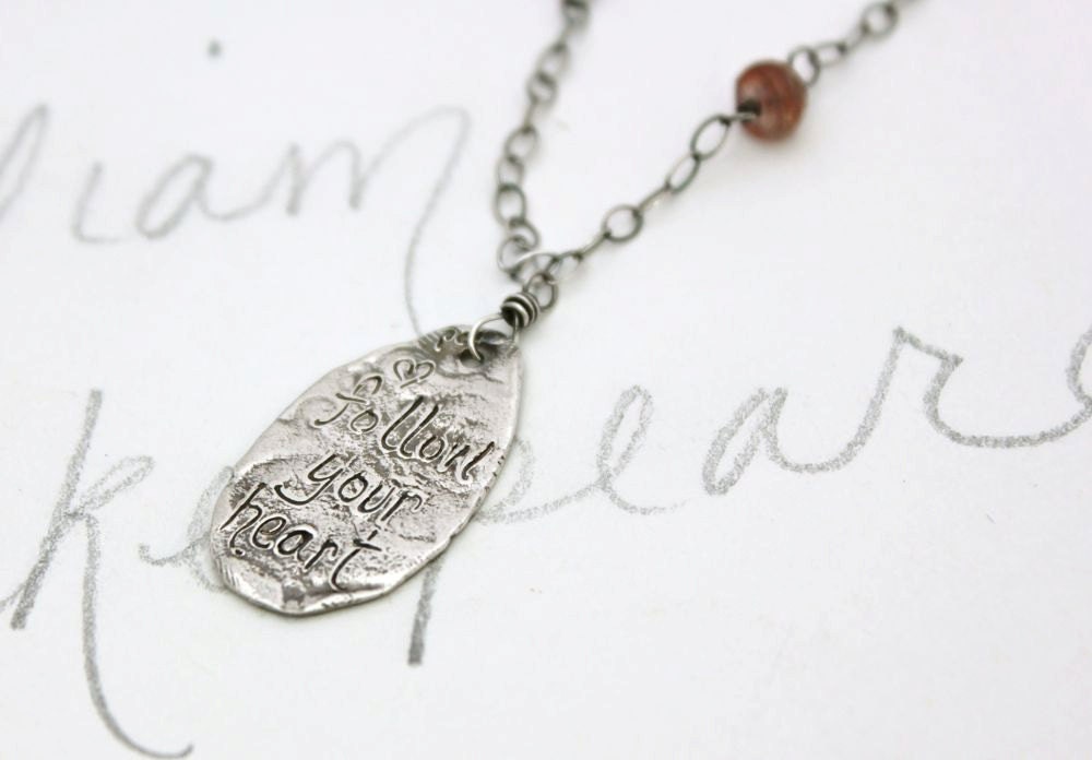 bohemian sapphire necklace . boho follow your heart talisman necklace . engraved inspirational silver jewelry . free shipping