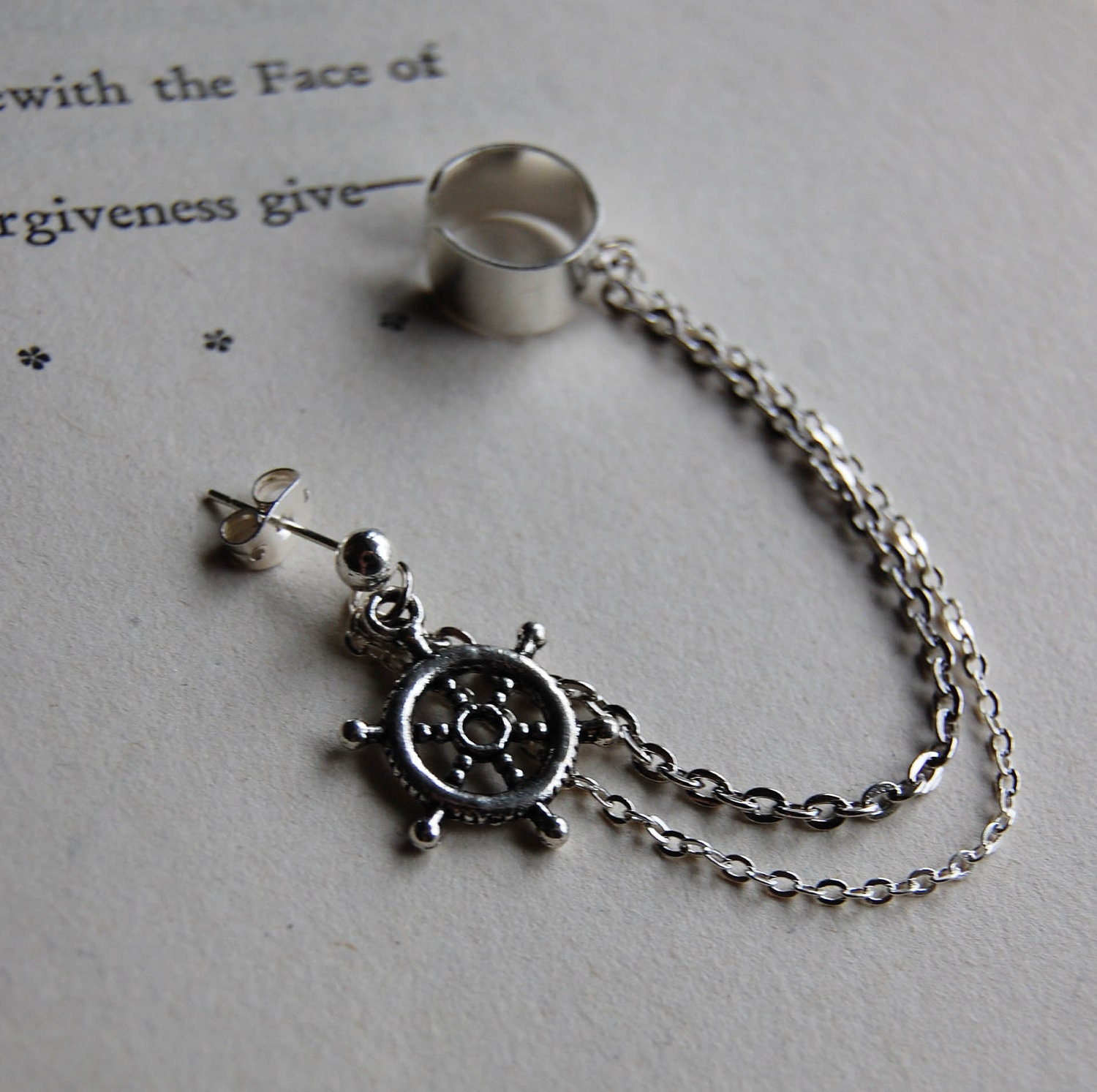Silver Ship Wheel Earring and Ear Cuff