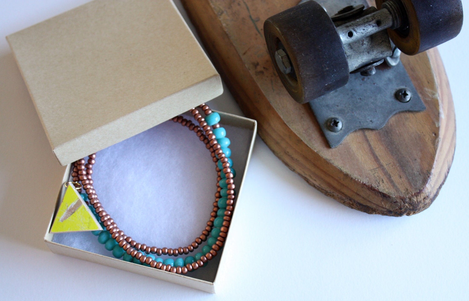 Recycled Skateboard Necklace Triangle Cyclops Collection-Copper and Aqua