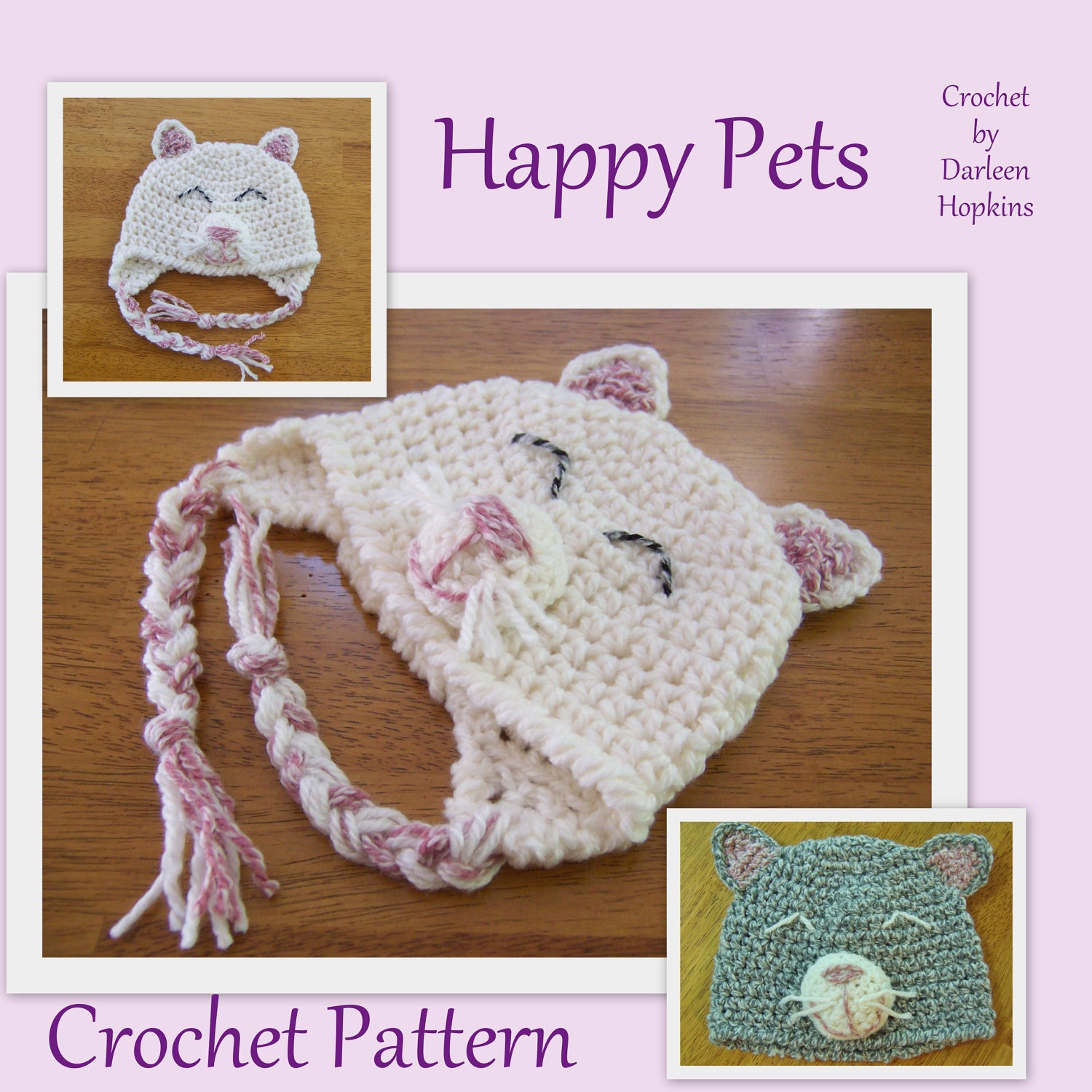 Crochet Pattern Cat Hat with earflaps Happy by CrochetByDarleen