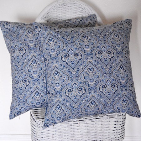 Decorative Pillow Covers (a pair) 18x18 Blue Paisley with Blue Tan Stripes on Back invisible zipper